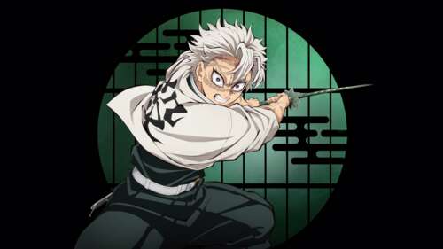 A cinematic 5K anime-style portrait of Sanemi Shinazugawa from Demon Slayer: Kimetsu...