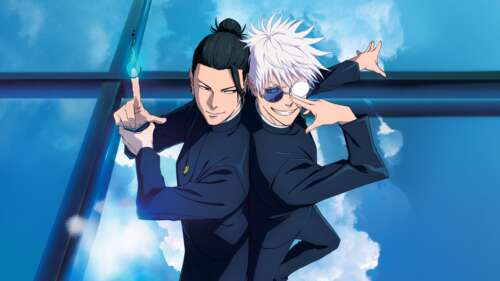 Satoru Gojo and Suguru Geto from Jujutsu Kaisen in a cinematic anime movie style.