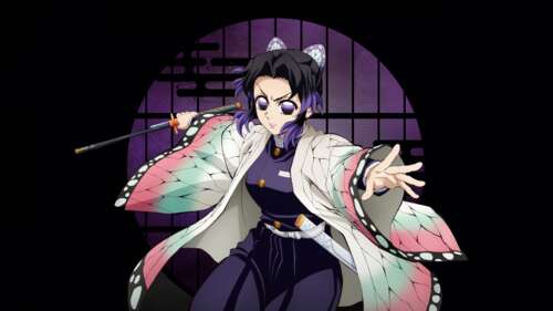A cinematic anime-style portrait of Shinobu Kocho from Demon Slayer: Kimetsu no Yaiba...