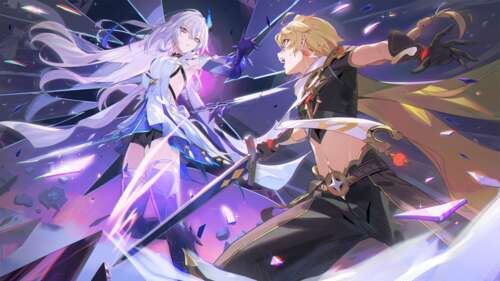 Skirk and Aether from Genshin Impact appearing together in a high-resolution scene wallpaper