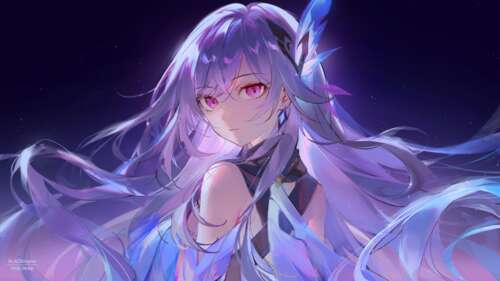 Skirk from Genshin Impact with purple hair and eyes under a starry, ethereal sky. free desktop wallpaper