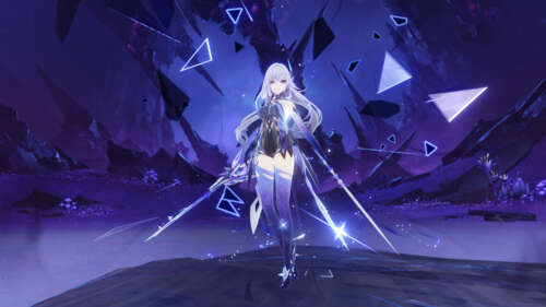 Anime girl Skirk from Genshin Impact with a purple aesthetic theme. free hd wallpapers