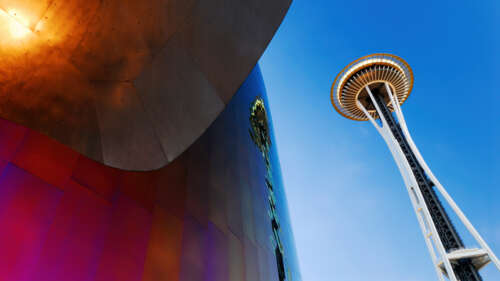A bright and modern architectural shot of the Space Needle in Seattle, Washington. free background