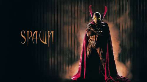 Cinematic movie poster of Spawn from Image Comics, featuring his signature red cape... wallpaper