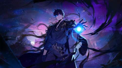 Cinematic key art of Sung Jinway from Solo Leveling featuring dark shadows and intense... computer backgrounds
