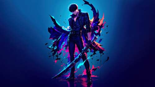 Sung Jinwoo from Solo Leveling anime poster featuring a deep blue aesthetic and shadow... wallpaper