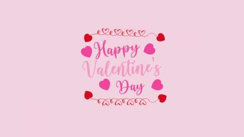Happy Valentine's Day text in pink font on a pink background surrounded by floating... free wallpaper