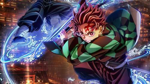 Tanjiro Kamado using Water Breathing technique in the Infinity Castle from Demon... hd background