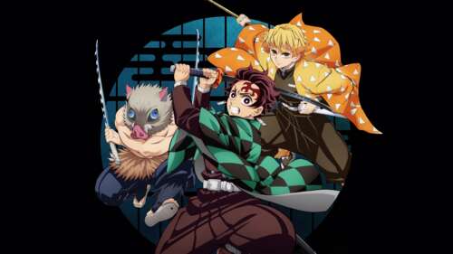 Tanjiro Kamado, Zenitsu Agatsuma, and Inosuke Hashibira standing within the shifting... wallpaper photo gallery download