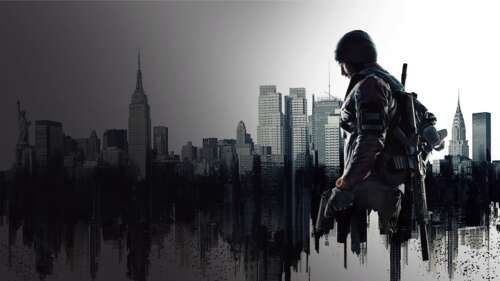 A highly equipped Division Agent in advanced tactical gear overlooking a ruined,... wallpaper for pc download