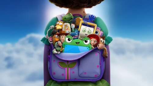A cinematic movie poster for Pixar's Toy Story 5, showcasing characters from the... computer backgrounds