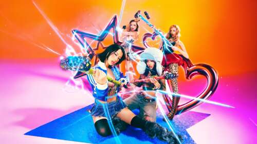 A high-resolution, colorful group portrait of girls surrounded by vibrant, multi-colored... desktop wallpaper