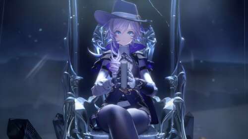 An anime girl posing within a grand silver palace, surrounded by a vibrant purple...