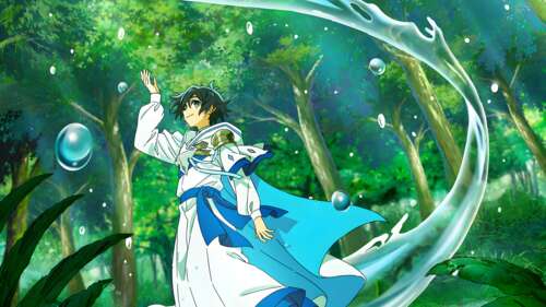 A cinematic anime-style scene of a lush, green forest with sunbeams streaming through... hd background