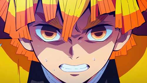 A high-resolution, ultra-wide close-up of Zenitsu Agatsuma from Demon Slayer: Kimetsu... free background