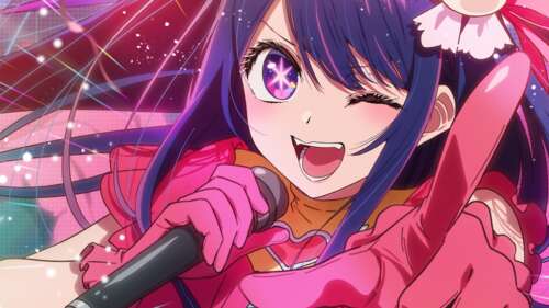 Ai Hoshino from Oshi no Ko winking and singing while wearing a pink dress high definition wallpaper