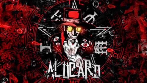 A detailed portrait of Alucard from the Hellsing anime series against a vibrant red... free wallpaper