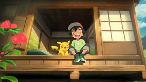 Ash Ketchum and Pikachu laughing together in a beautiful scenic view from Pokémon. free hd wallpapers