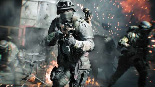 A soldier in modern military combat gear moving through a war-torn battlefield with...
