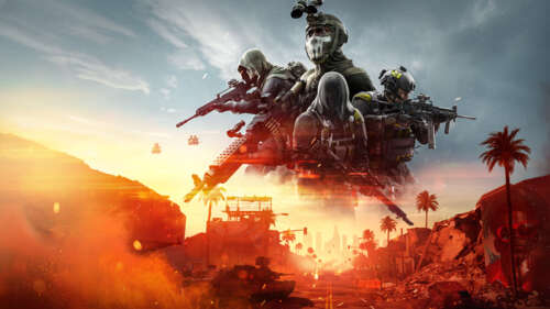 An elite soldier in tactical combat gear standing amidst the debris and smoke of... free wallpaper