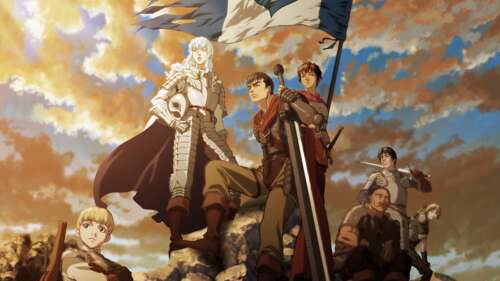 A cinematic character poster showcasing Guts, Casca, and Griffith from the Berserk... computer backgrounds