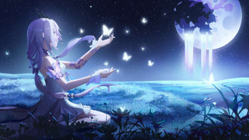 Anime girl Castorice surrounded by glowing butterflies under a bright moon and night... wallpaper