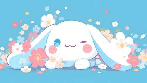 Cinnamoroll from Sanrio surrounded by pastel flowers in a cute floral illustration. free hd wallpapers