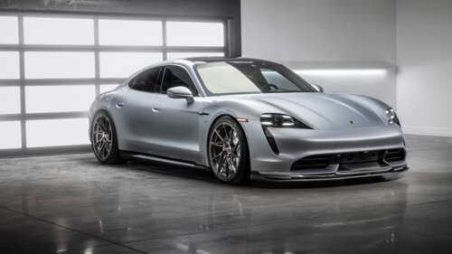 A high-performance Porsche Taycan featuring custom Vorsteiner wheels and aerodynamic... free wallpaper