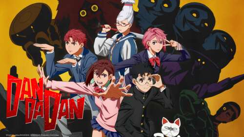 A vibrant anime poster displaying Momo Ayase and Okarun from Dandadan in a dramatic... free background