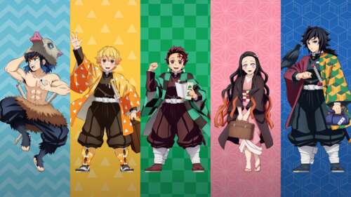 A colorful group portrait of Tanjiro Kamado, Nezuko Kamado, Zenitsu Agatsuma, Inosuke...