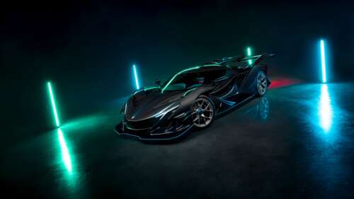 A sleek sports car driving through a dark city street at night, surrounded by bright... 4K (Ultra HD) hd background