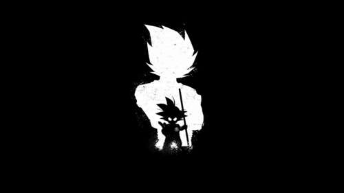 A minimalist black and white silhouette of Goku from Dragon Ball on a solid black... wallpaper images