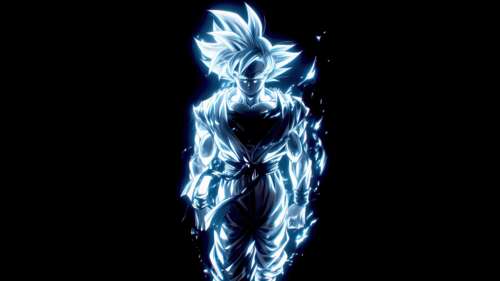 Neon art of Goku in Ultra Instinct form from Dragon Ball Super against a deep black... wallpaper for pc download