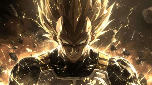 Angry Vegeta from Dragon Ball in his golden Super Saiyan form with a glowing aura.