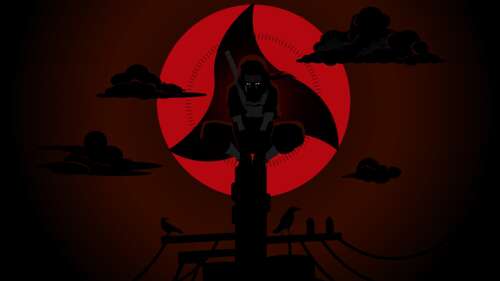 Close-up portrait of Itachi Uchiha from Naruto with glowing Mangekyo Sharingan eyes... wallpaper download