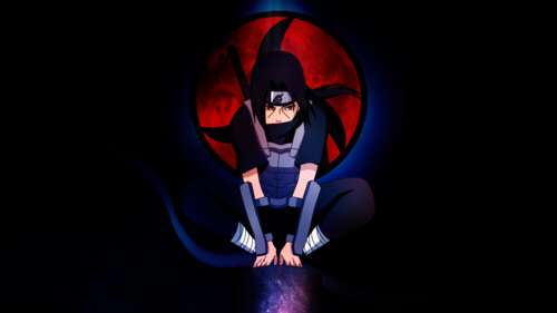 Close-up of Itachi Uchiha from Naruto with glowing red Sharingan eyes against a solid... wallpaper for laptop download