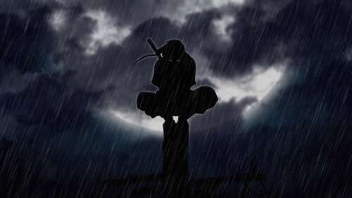 A dark, moody silhouette of Itachi Uchiha from Naruto standing in the middle of a...