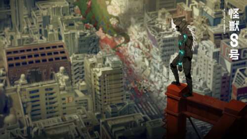Kaiju No. 8 standing amidst a destroyed and apocalyptic city landscape hd background