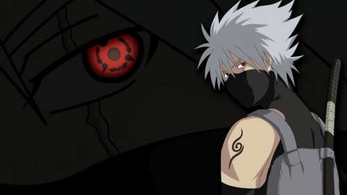 Kakashi Hatake from Naruto with glowing red Sharingan in a dark aesthetic style. wallpaper photo gallery download