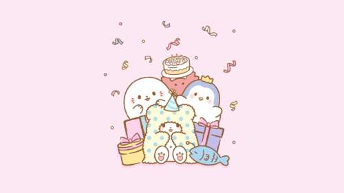 Kawaii Sanrio-style characters celebrating a birthday with pastel pink decorations... wallpaper download