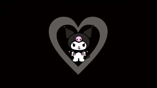 Kuromi from Sanrio with a cheeky expression and a love heart on a black background. desktop wallpaper