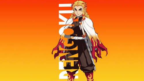 Kyojuro Rengoku from Demon Slayer: Kimetsu no Yaiba against a bright orange background wallpaper