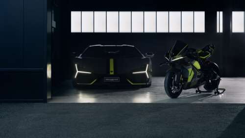 A sleek Lamborghini Revuelto supercar parked alongside a high-performance Ducati... ps4 wallpaper