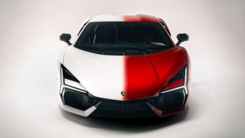 A futuristic 2025 Lamborghini Revuelto featuring sleek anime-style graphics and vibrant,... high definition wallpaper