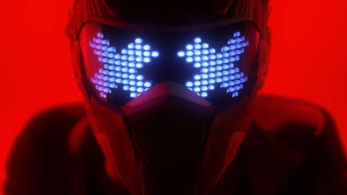 A character wearing a luminous LED mask against a vibrant red background, inspired... wallpaper download