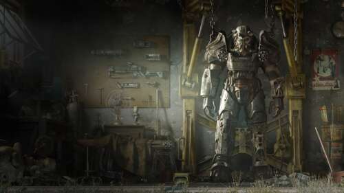 A high-resolution view of a weathered and heavy metal Power Armor suit from the game... free wallpaper