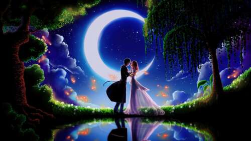 A romantic anime couple sharing a kiss beneath a glowing crescent moon with magical... wallpaper download