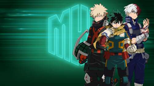 A cinematic poster showcasing Izuku Midoriya, Katsuki Bakugo, and Shoto Todoroki...