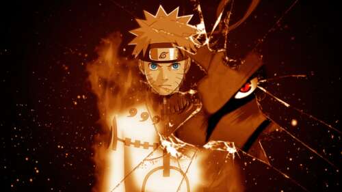 Naruto Uzumaki and Kurama the Nine-Tailed Fox with a broken screen glass effect free hd wallpapers