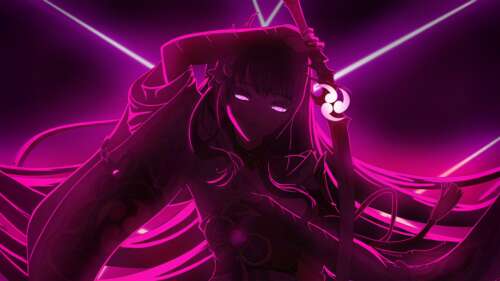 Raiden Shogun from Genshin Impact rendered in a dark pink neon art style. high definition wallpaper